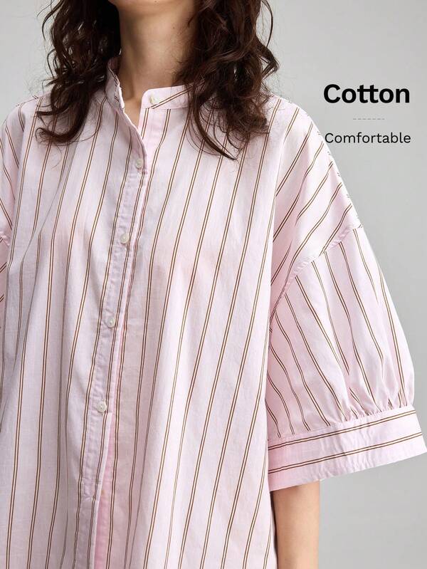 Ontre 2026 New Dual Pink Striped Comfortable Premium Fabric Round Neck Single-Breasted 3/4 Sleeve Skirt Hem Silhouette Women's Top Teacher Outfit Airport Wear Casual Daily Style Waist-Cinching Slim Fit Cropped Top Everyday Apparel Casual Premium Urban Commute High-Quality Airport Women's Clothing Cruise Wear Essential Outfit Premium Material All-Season Versatile