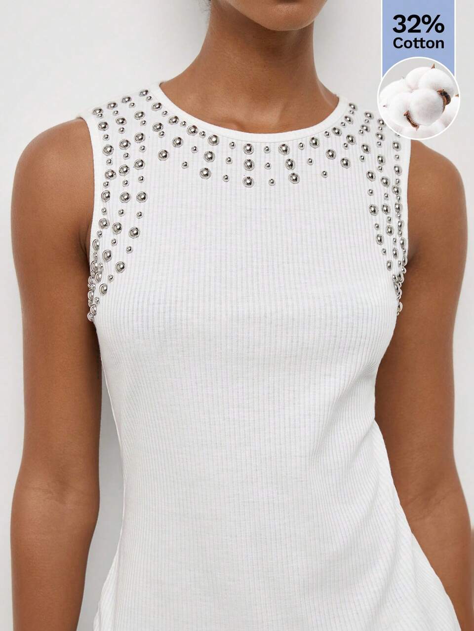 SHEIN Maija White And Silver Knit Round Neck Sleeveless Slim Fit Waist Tank Top For Women Y2k Elegant Casual Festival Summer Fall Back To School Going Out Night