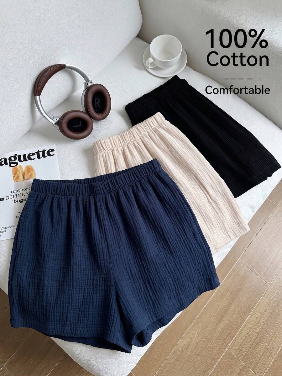 Comfortcana Conjunto de 3 piezas de pantalones cortos de lino de unicolor/multicolor cómodos casuales versátiles talla grande para primavera/verano - azul real - Ver 1