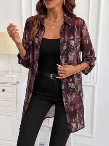 SHEIN Clasi 女款度假時尚腰果圖案印花單排扣襯衫 - 彩色 - 查看 6