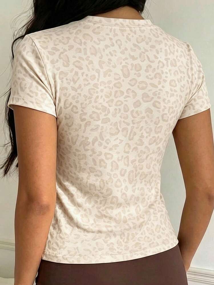 Teen Girls Casual Minimalist Leopard Print Fitted Round Neck Short Sleeve High Waist Cropped Regular T-Shirt Suitable For Summer - Multicolor - View 2