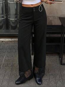 SHEIN EZwear 女款蕾絲拼接休閒百搭日常穿著長褲 - 黑色 - 查看 9