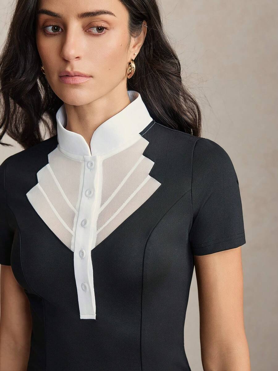 Activina Women's Stand Collar Black & White Mesh Patchwork Short Sleeve Button Half-Open Placket Equestrian Top Daily Wear  Pickleball Tennis Golf