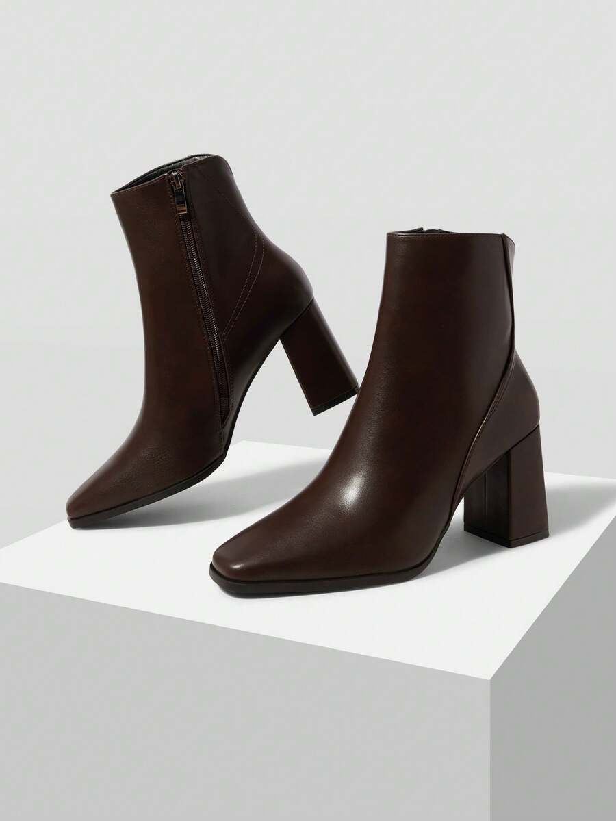 MOTF PREMIUM WOMEN'S FASHION SIMPLE SOLID SIDE ZIP HIGH HEEL ANKLE BOOTS, SPRING SHOES FOR EASTER AND CHRISTMAS - Coffee brown. - View 2