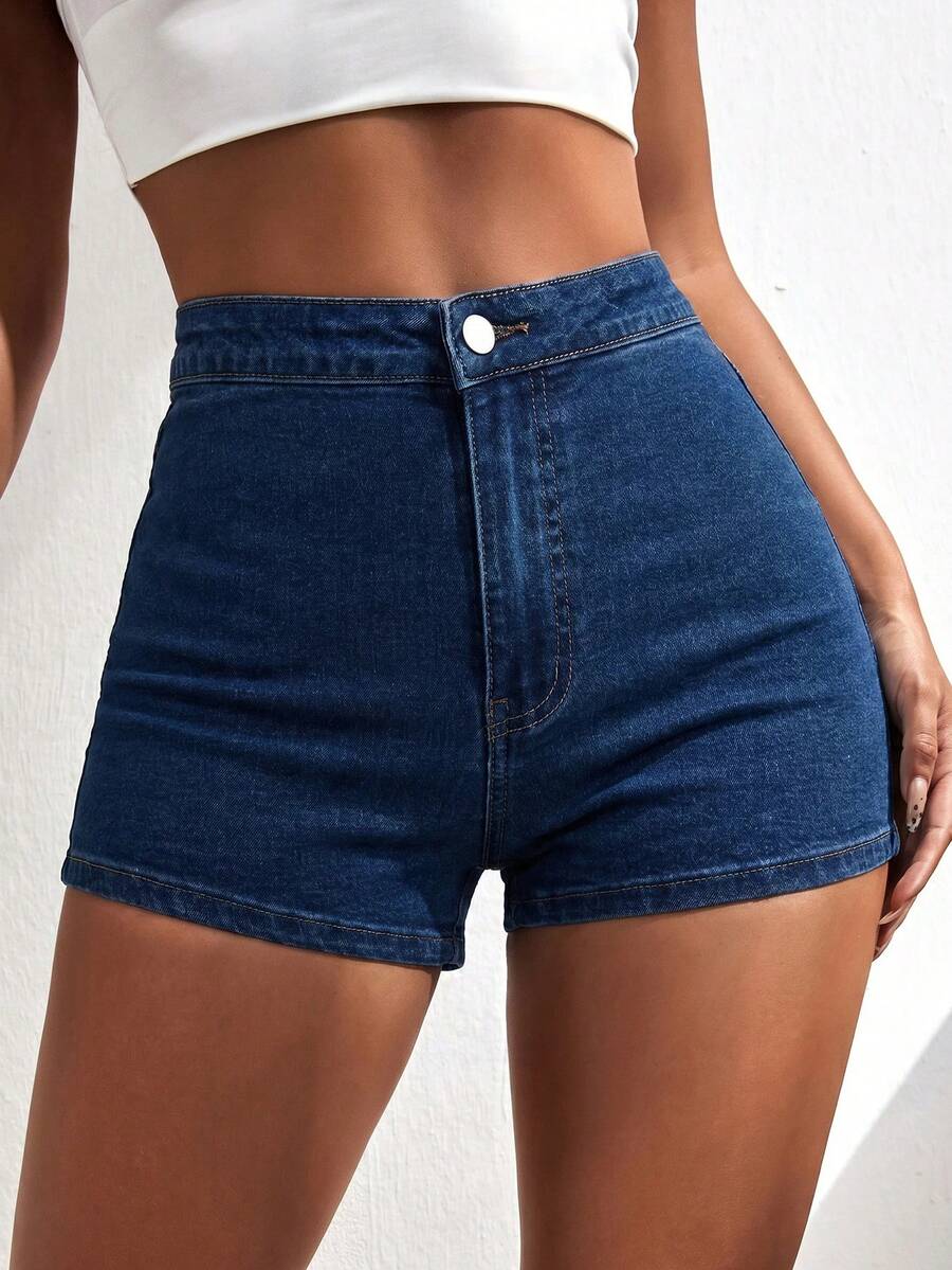 SHEIN ICON 夏季穿搭 高腰紧身牛仔短裤 - 中等水洗藍 - 查看 1
