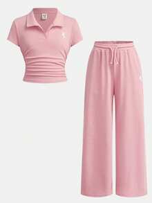 SHEIN Tween Girls 2 Pieces Set, Pink Ruffle Short Sleeve T-Shirt And High-Waist Wide Leg Pants, Cute Embroidery, Fashion Y2k Summer Holiday, Vacation - Pink - View 3