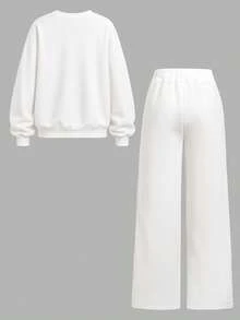 SHEIN Tween Girl 花卉 T-shirt 波西米亞野花上衣 植物圖案衛衣與長褲 2 件套 - 白色 - 查看 6