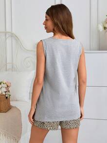 SHEIN Cottnline 100% Cotton 2 Pcs Women Sleeveless Letter And Heart Patterned Sleep Top + Leopard Pattern Shorts Casual Pajama Lounge Set - Multicolor - View 2