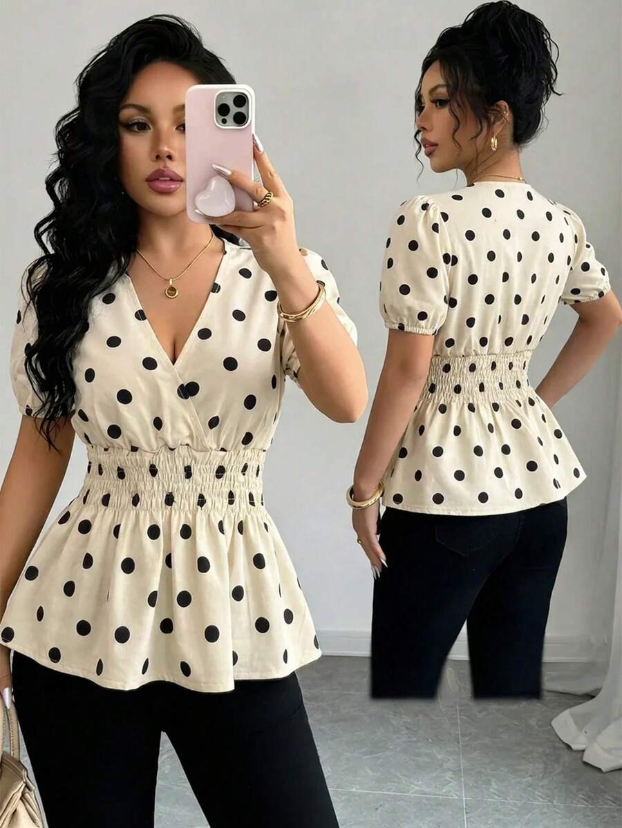 Elenzga Women's Polka Dot Pattern Waist Gathered Short Petal Sleeve Denim Top - Blue - View 1