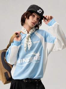 Vaulklash Men's Letter Print Round Neck Raglan Long Sleeve Pullover Light Blue Sweatshirt Streetwear 90s Style Casual Graphic , Fall - Baby Blue - View 1