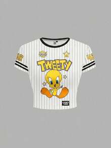 LOONEY TUNES X SHEIN 女士修身条纹卡通图案撞色滚边短袖T恤 - 白色 - 查看 2