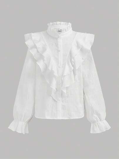 Girlism Tween Girl Tween Girls Blouses Woven Solid Color Elegant Exquisite Vintage Stand Collar Ruffle Texture Button Bell Sleeve White Shirt, Back To School