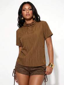 Normani Women's Solid Color Tie Neck Short Sleeve Casual Loose Fit T-Shirt - Brown - View 3