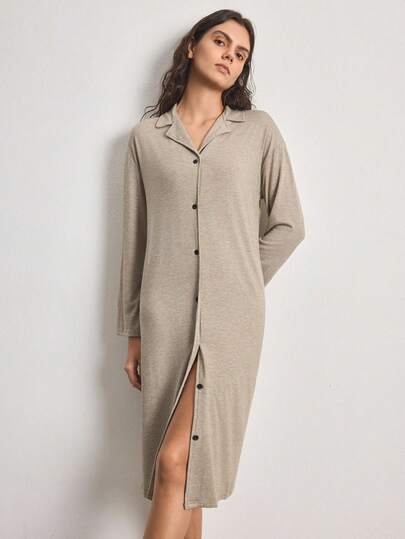 Ocili Mocha Brown Plain Knitted Midi Nightgown For Women Collar Long Sleeve Drop Shoulder Button Front Casual Sleep Dress