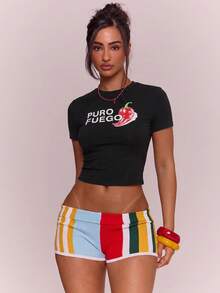 MUSERA Graphic 'Puro Fuego' Cropped Top Tshirt Spring Summer Vacation Holiday Ibiza Boho Streetwear Elegant Casual Carnival Festival Going Out Black And Red - Black - View 1