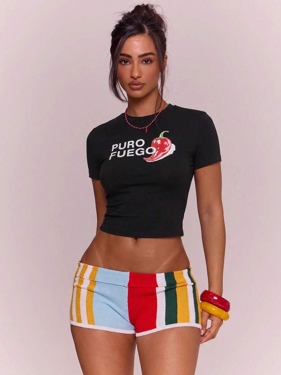 MUSERA Graphic 'Puro Fuego' Cropped Top Tshirt Spring Summer Vacation Holiday Ibiza Boho Streetwear Elegant Casual Carnival Festival Going Out Black And Red - Black - View 1