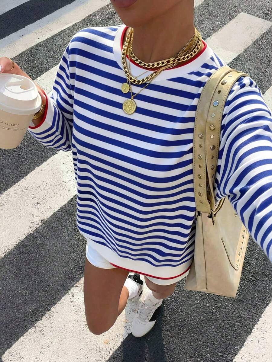 SHEIN LUNE Women's Round Neck Striped Casual Versatile Daily Long Sleeve T-Shirt - Multicolor - View 1