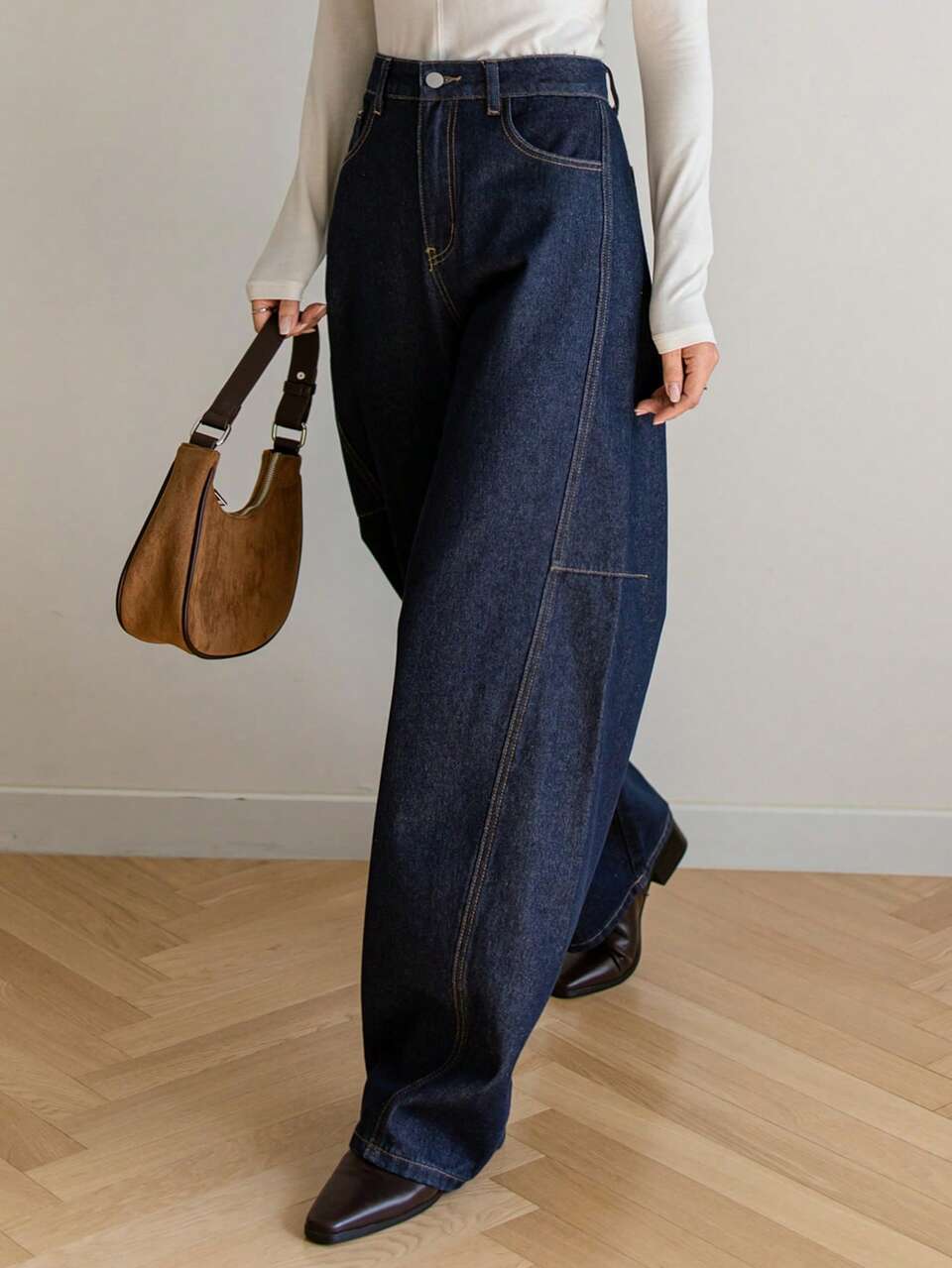 Women's Cotton High Waist Dark Wash Blue Solid Color Contrast Stitching Loose Super Wide Leg Casual Jeans Fall