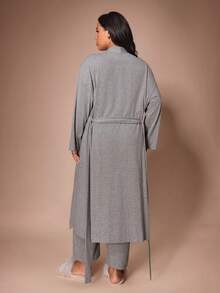 Lazeform Long Ins-Style Short Sleeve Long Pants Tie-Up Robe Loungewear Pajamas Casual Home Bathrobe Plus Size - Grey - View 2