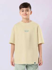 SUMWON Oversized Tween Boys Casual Coordinated T-Shirt And Trackpant Set With Logo Print Everyday Wear - Beige - View 3