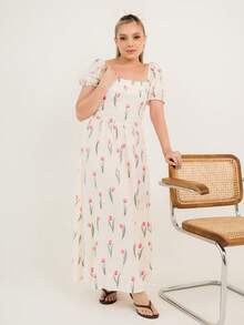 Ximena Robles Ximena Robles Elegant Tulip Floral Print Summer Long Dress With Premium Quality And Graceful Elegant Vacation - Multicolor - View 1