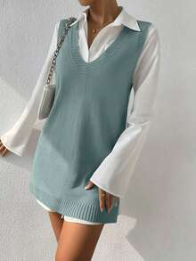EURMUSE V-Neck Solid Color Casual Versatile Ribbed Knit Sweater Vest - Green - View 3