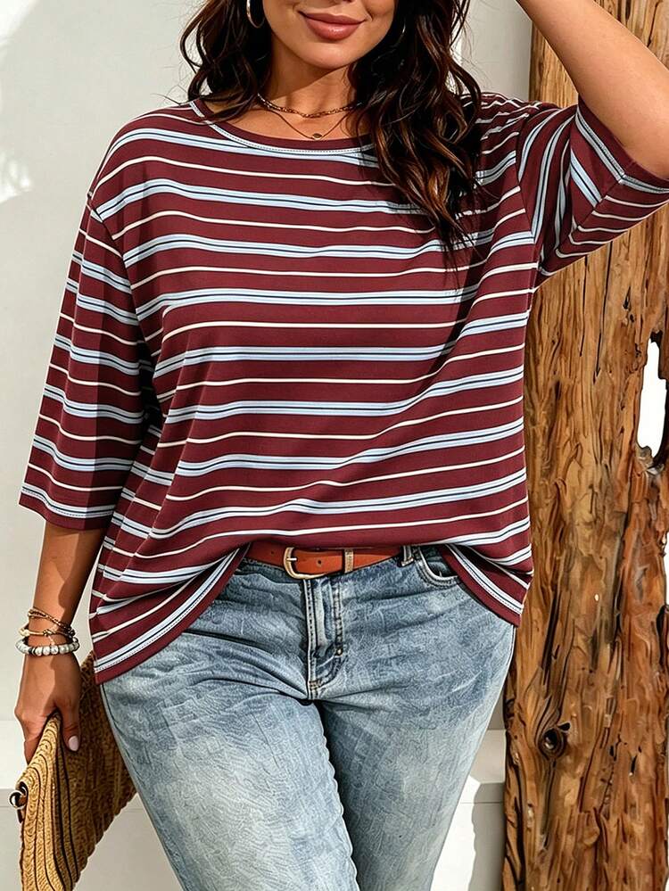 EMERY ROSE Plus Size Women Casual Striped Print Drop Shoulder T-Shirt, Suitable For Summer - Multicolor - View 5