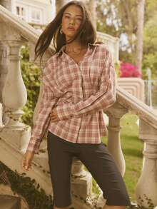 Aralina Women Winter Plaid Check Cinched Waist Shirt Long Sleeve Shirt Collared Plaid Shirt Feminine Fall Autumn Winter Holiday Pink Shirt - Pink - View 8