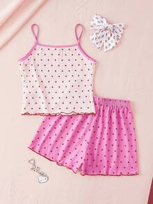 HELLO KITTY AND FRIENDS | SHEIN Celana Pendek Cami Motif Polkadot Kartun untuk Anak Perempuan Remaja - Berwarna merah muda - View 2