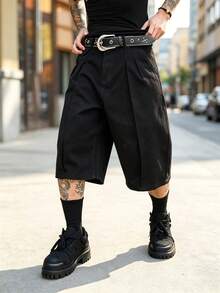 Manfinity Homme Plus Size Men's Pleated Loose Fit Denim Wide Leg Shorts With Pockets - Black - View 4