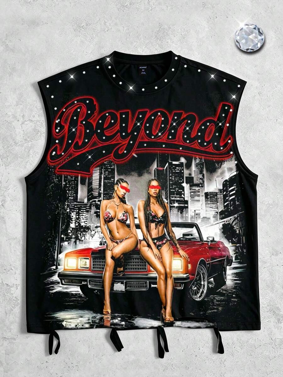 ROMWE MEN Street Life Punk Street Style Printed Tank Top With Heavy Rhinestone Embellishment And Distressed Cutouts, Sleeveless Round Neck Top For Men, Summer Wear - Black - View 1