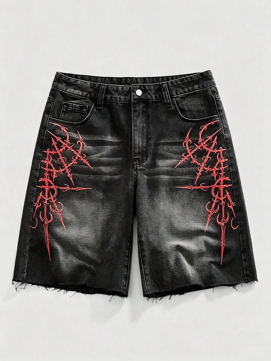 ROMWE MEN Goth 男士印花磨邊黑色水洗牛仔短褲 - 黑色 - 查看 1
