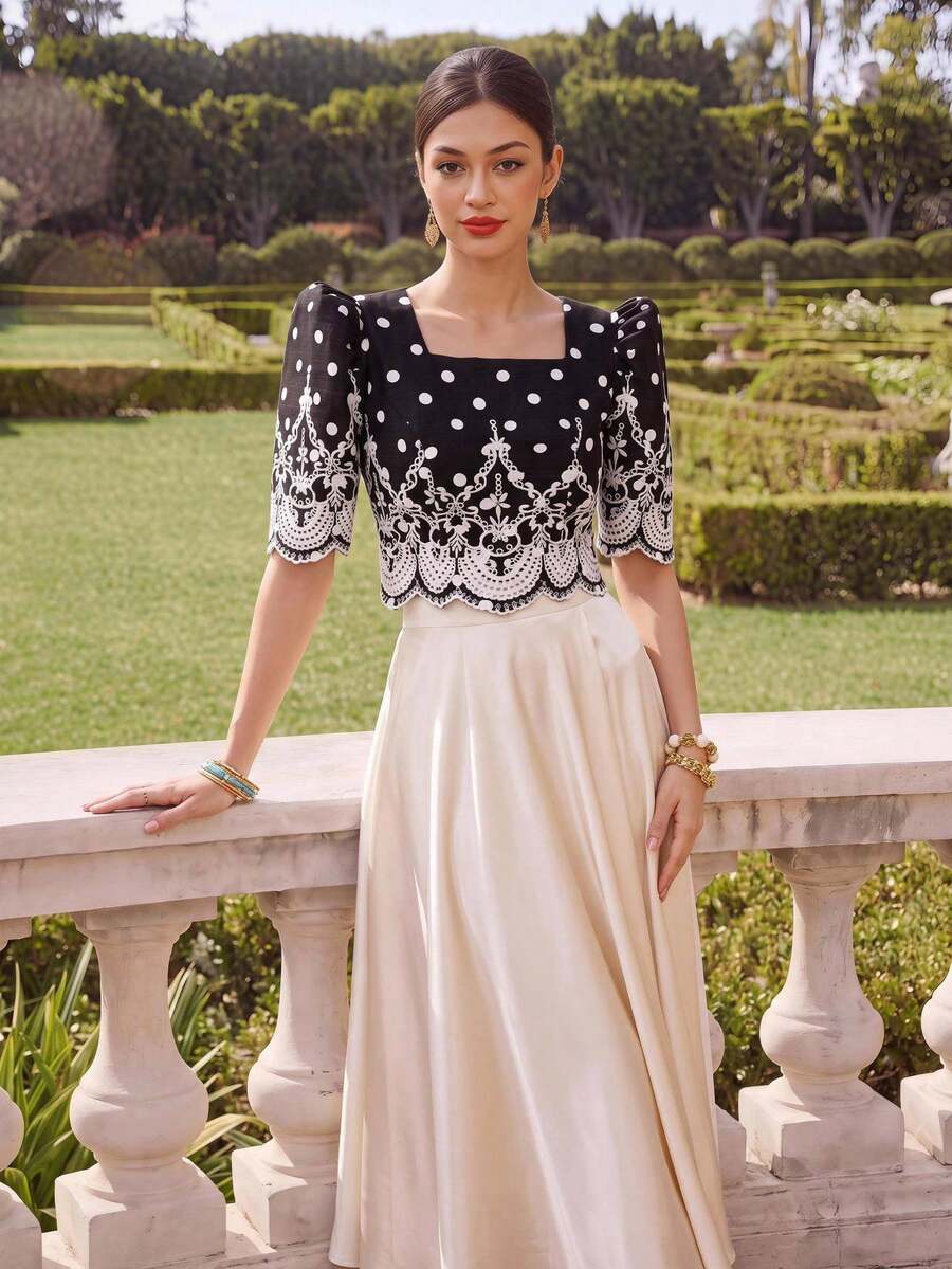 Zaforene Women's Polka Dot Floral Embroidered Pattern Casual Vintage Elegant Daily Wear Garden Party Tea Party Anniversary Blouse Black White Autumn - Apricot - View 1
