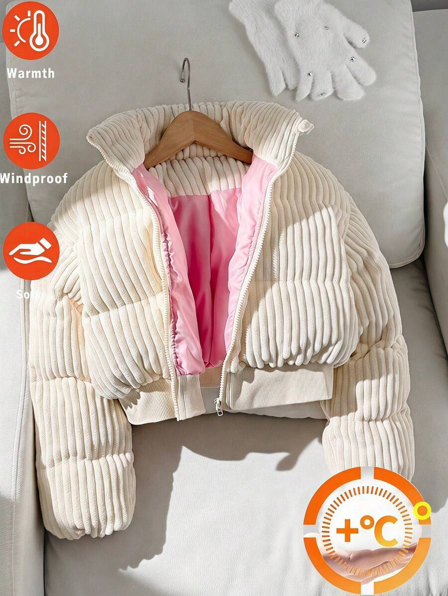 SHEIN 青少年女孩冬季短款休閒街頭時尚燈芯絨棉質加厚外套,拼色,返校季,秋冬款 - 白色 - 查看 1