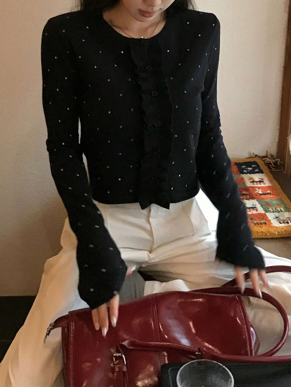 Women's Contrast Polka Dot Ruffle Trim Wood Frill Trim Short Loose Long Sleeve Round Neck Casual Vacation Elegant Autumn/Winter Knit Cardigan