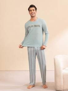 Manfinity Underwear&Sleepwear Basics 男士字母印花長袖上衣與長褲休閒居家服套裝 - 薄荷綠 - 查看 3