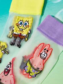 SpongeBob SquarePants | SHEIN 2雙超薄透明隱形襪，水晶絲女款中筒襪，透氣柔軟，適合春夏日常穿著 - 彩色 - 查看 3