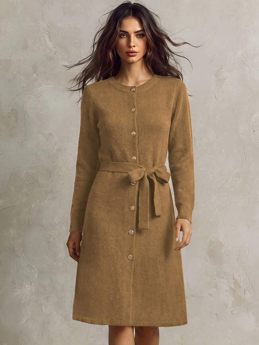 SHEIN Franclia 女士圆领纽扣配腰带长款针织毛衣裙 - 卡其色 - 查看 1