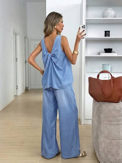 Easowa Bộ đồ denim nữ cổ tròn sát nách kèm quần dài phong cách thường ngày