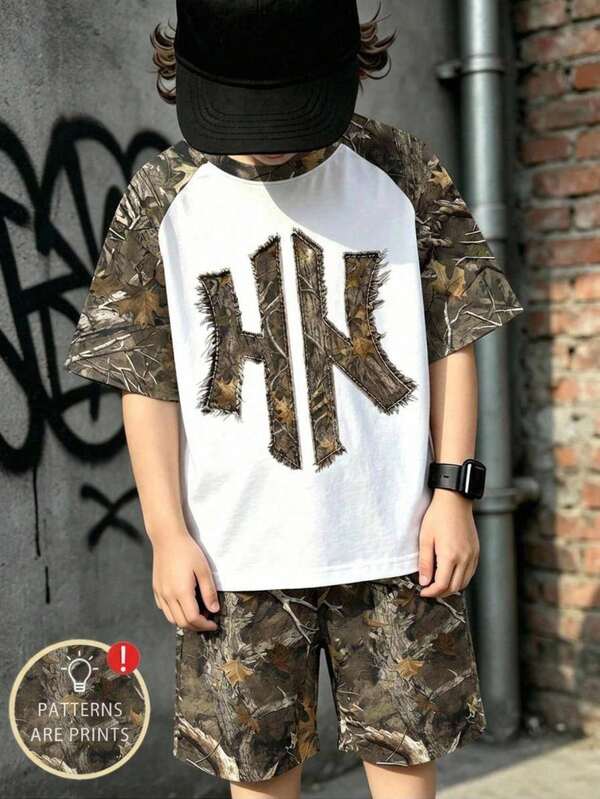 Set da 2 pezzi di maglietta a maniche corte con ricamo tie-dye e pantaloncini estivi per ragazzi pre-adolescenti, maniche raglan con blocchi di colore unici, casual, uniforme scolastica