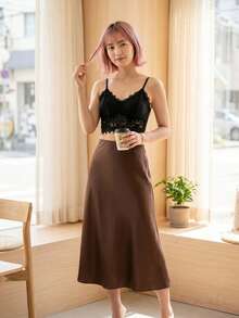 SHEIN PETITE 女款優雅百搭緞面中長裙，夏季女裝長裙，秋季女裙，適合嬌小女性 - 咖啡棕 - 查看 9