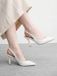 CUCCOO BIZCHIC 女款新款米色尖頭細高跟後扣slingback鞋，簡約時尚優雅性感，適合派對、通勤上班穿著 - 白PU - 查看 4