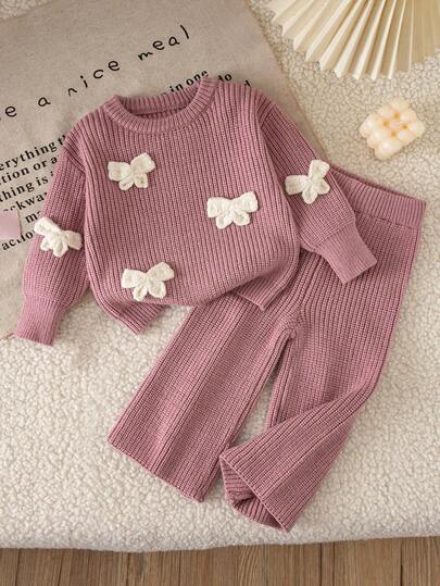 LMoss Kids Baby Girl Knitted Solid Color Round Neck Patchwork Contrast Color 3D Bow Casual Sweater & Long Pants 2 Pieces Set