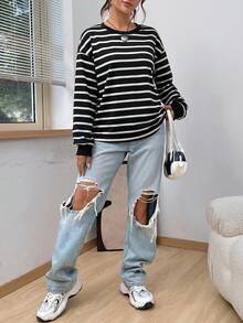 SHEIN EZwear 春季白色條紋印花落肩連帽衛衣，畢業季、返校穿搭，女教師穿搭，秋冬返校穿搭 - 黑色 - 查看 5