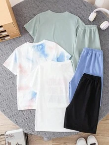 SHEIN 3套買3送3島嶼風兒童青少年男孩休閒度假紮染椰子樹圖案圓領短袖T恤與短褲套裝，夏季上衣，夏季短褲，男孩套裝兒童套裝，適合春夏，情人節，約會，夏季穿搭，海灘週末，家庭聚會，返校，婚禮季節，運動，生日派對 - 彩色 - 查看 6