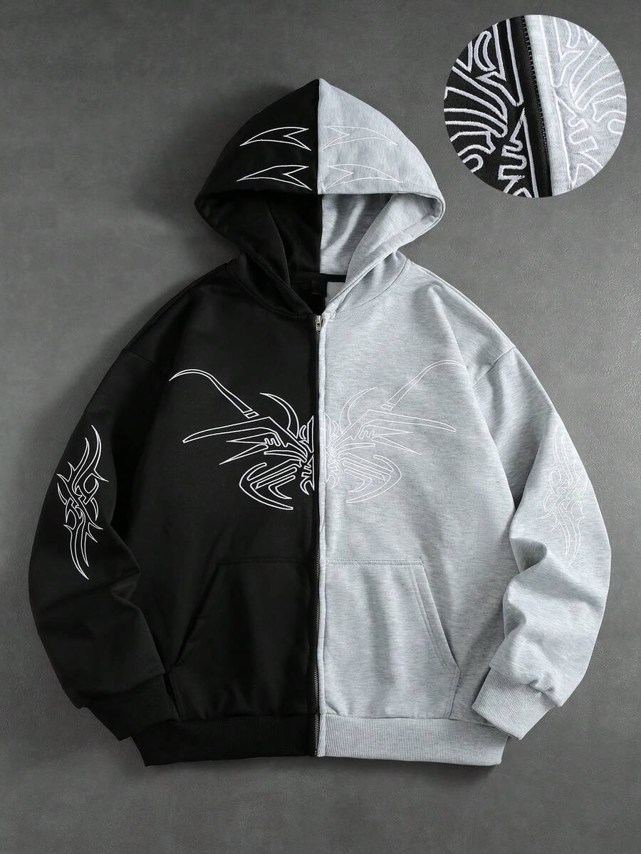 ROMWE MEN Street Life Hoodie Lengan Panjang Pria dengan Saku Bordir dan Warna Kontras - Hitam - View 1