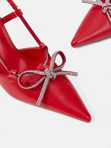 CUCCOO HITCHD Red Glossy Patent Leather Pointed Back Empty Rhinestone Bow Thin Strap Metal Buckle Wedding Shoes, Bridal Wedding Banquet Dating Temperament Fashion - Red - View 4