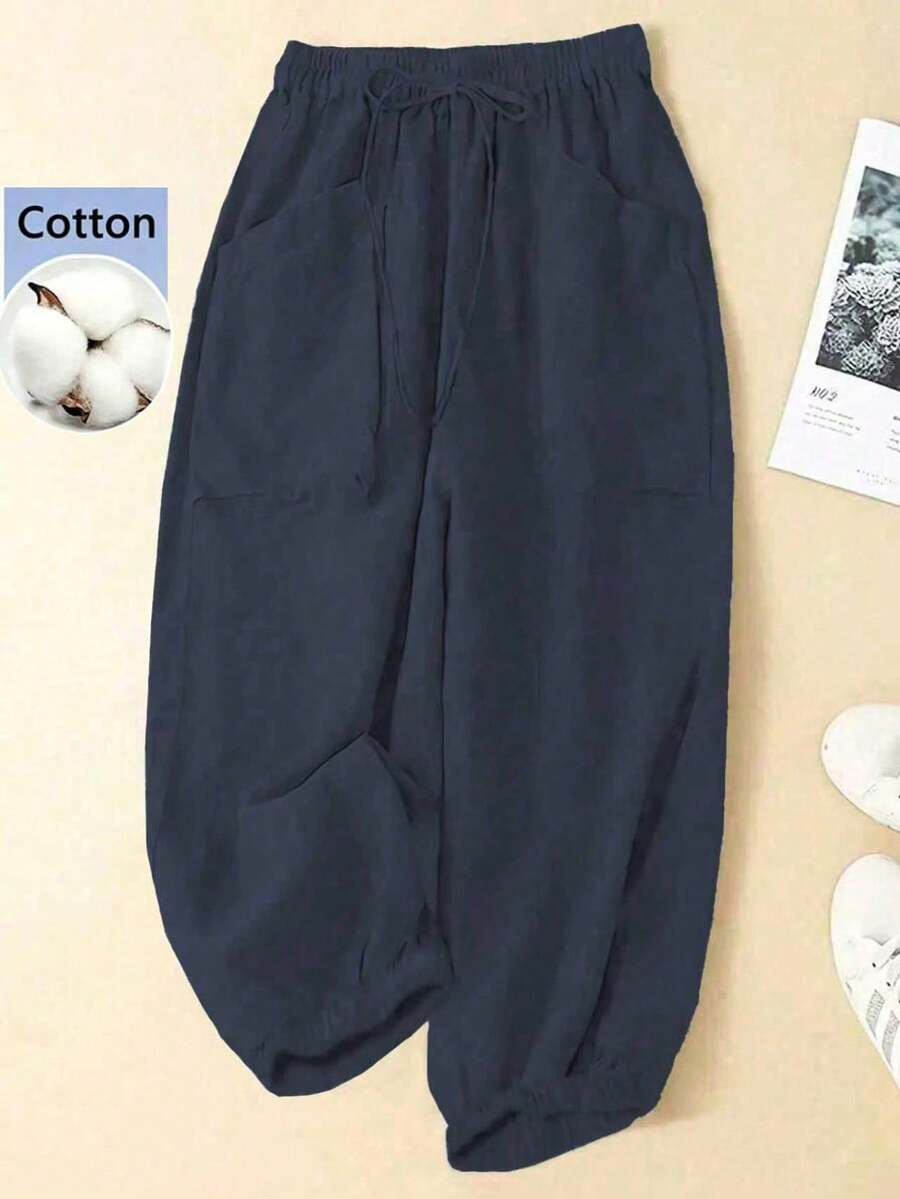 Linhara Plus Size Casual Solid Color Jogger Pants - Navy Blue - View 1