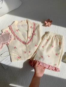 Comfortcana Romantic Pink Rose Print Sweetheart Neck Women Short Sleeve Shorts Pajama Set - Apricot - View 7