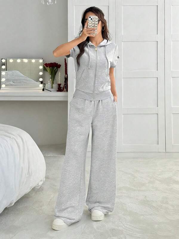 Two Pieces Sweatshirt Short Sleeve Hood Zipper Full Skirt High Leg High Leg Wide Stretch Fabric Daily